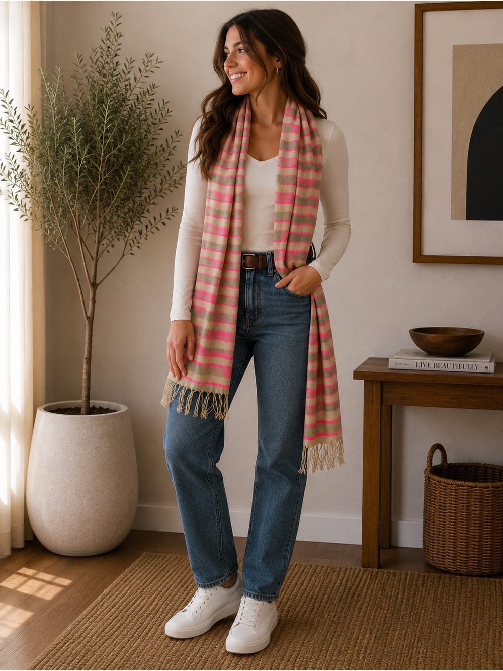 Striped Pink and Beige Fringe Scarf
